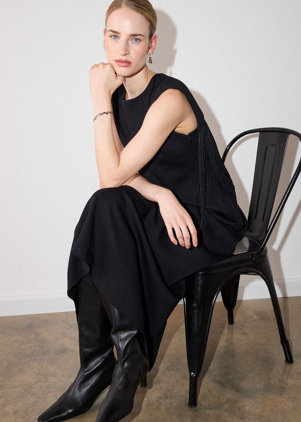 Black Fringe Back Midi Dress