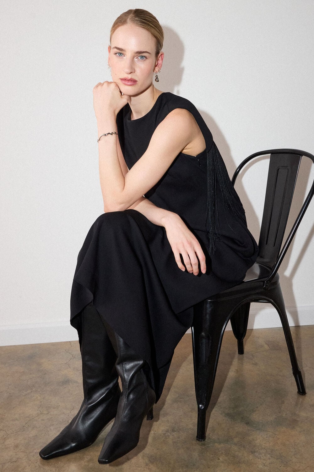 Black Fringe Back Midi Dress
