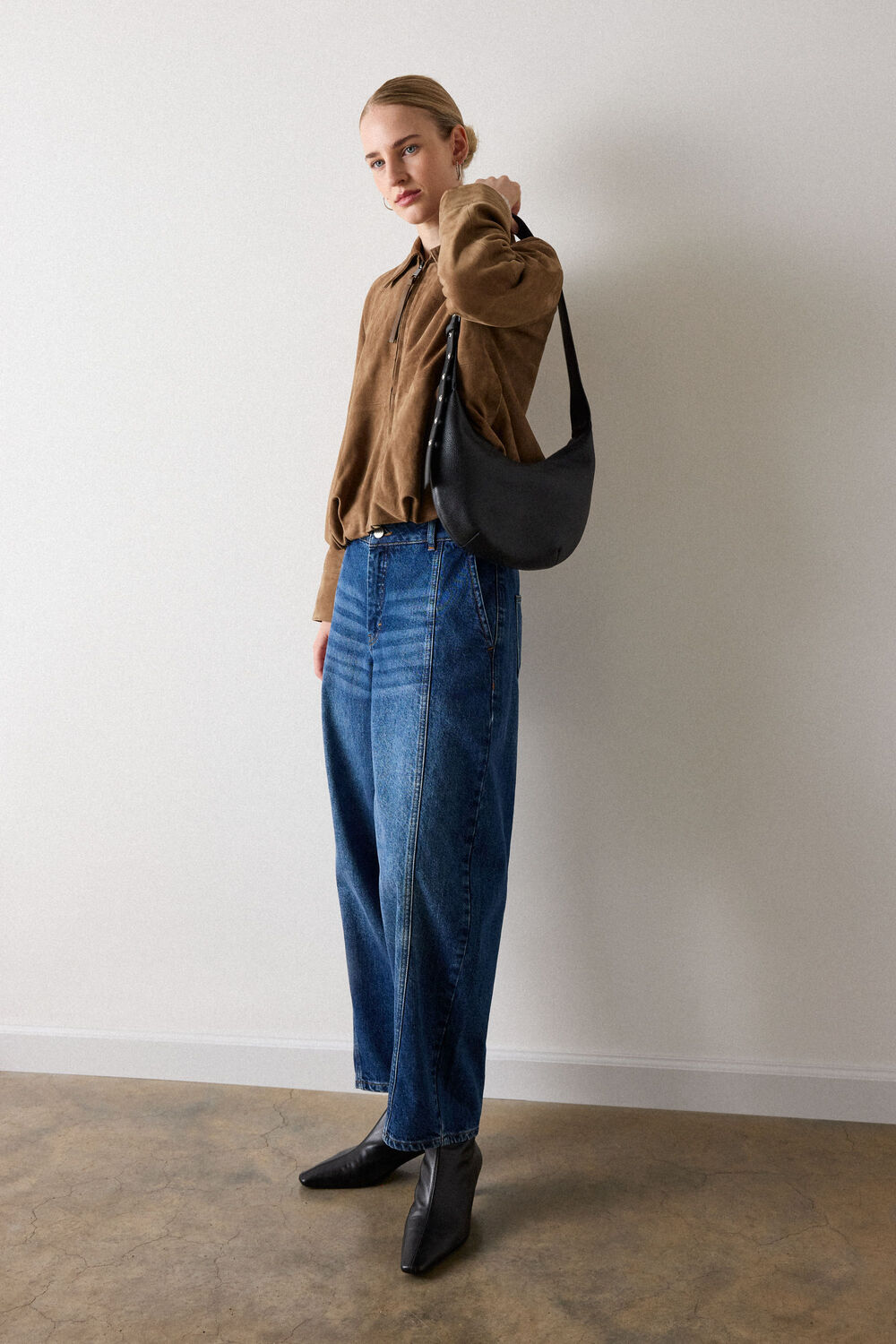 Taupe Gathered Suede Zip Jacket