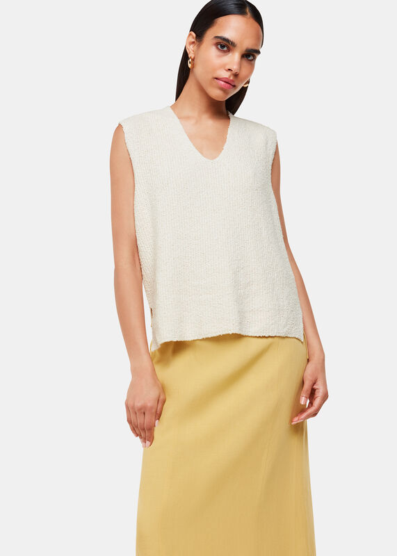 Ivory Cotton Textured V Neck Sweater Vest