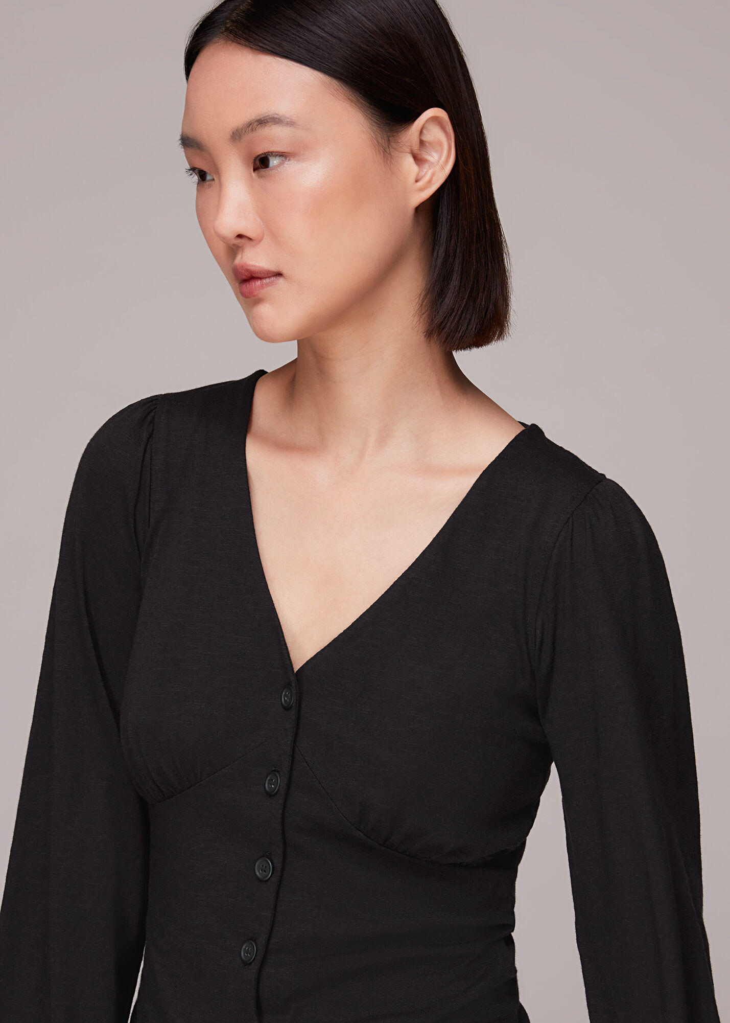 Black Amber V Neck Button Top | WHISTLES | Whistles US |