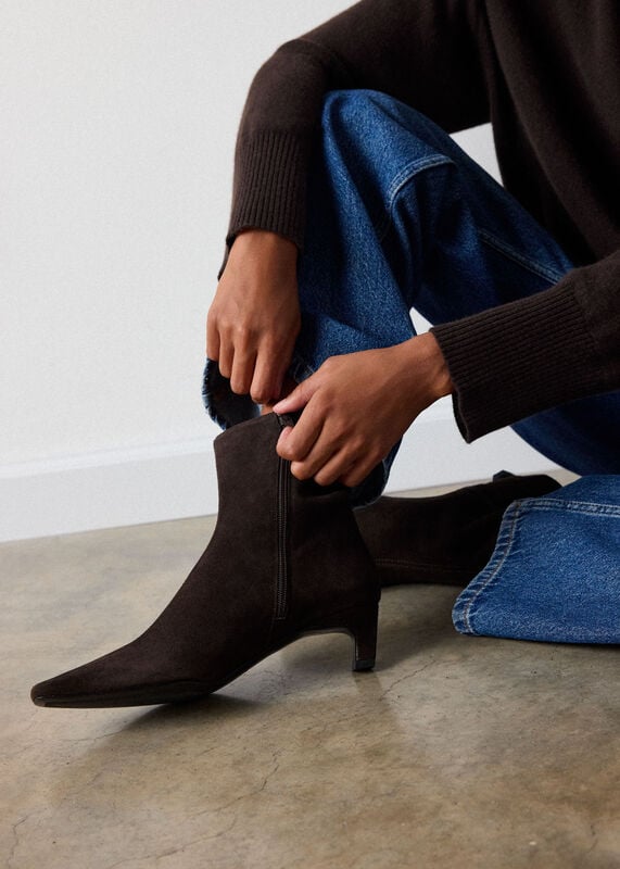 Chocolate Kitten Heel Suede Ankle Boot