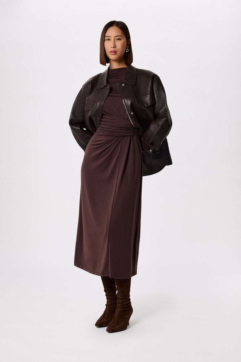 Chocolate Ruched Detail Midi Dress