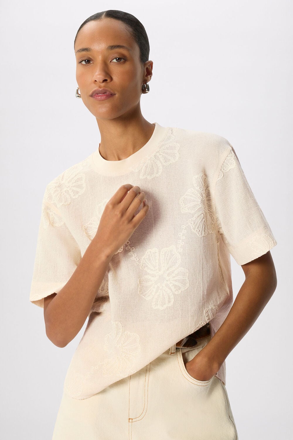 Ivory Textured Floral Jersey Top