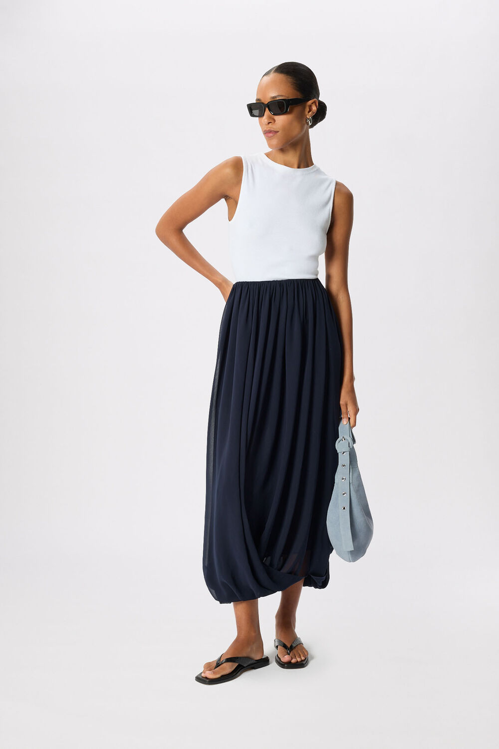 Navy Draped Bubble Hem Skirt