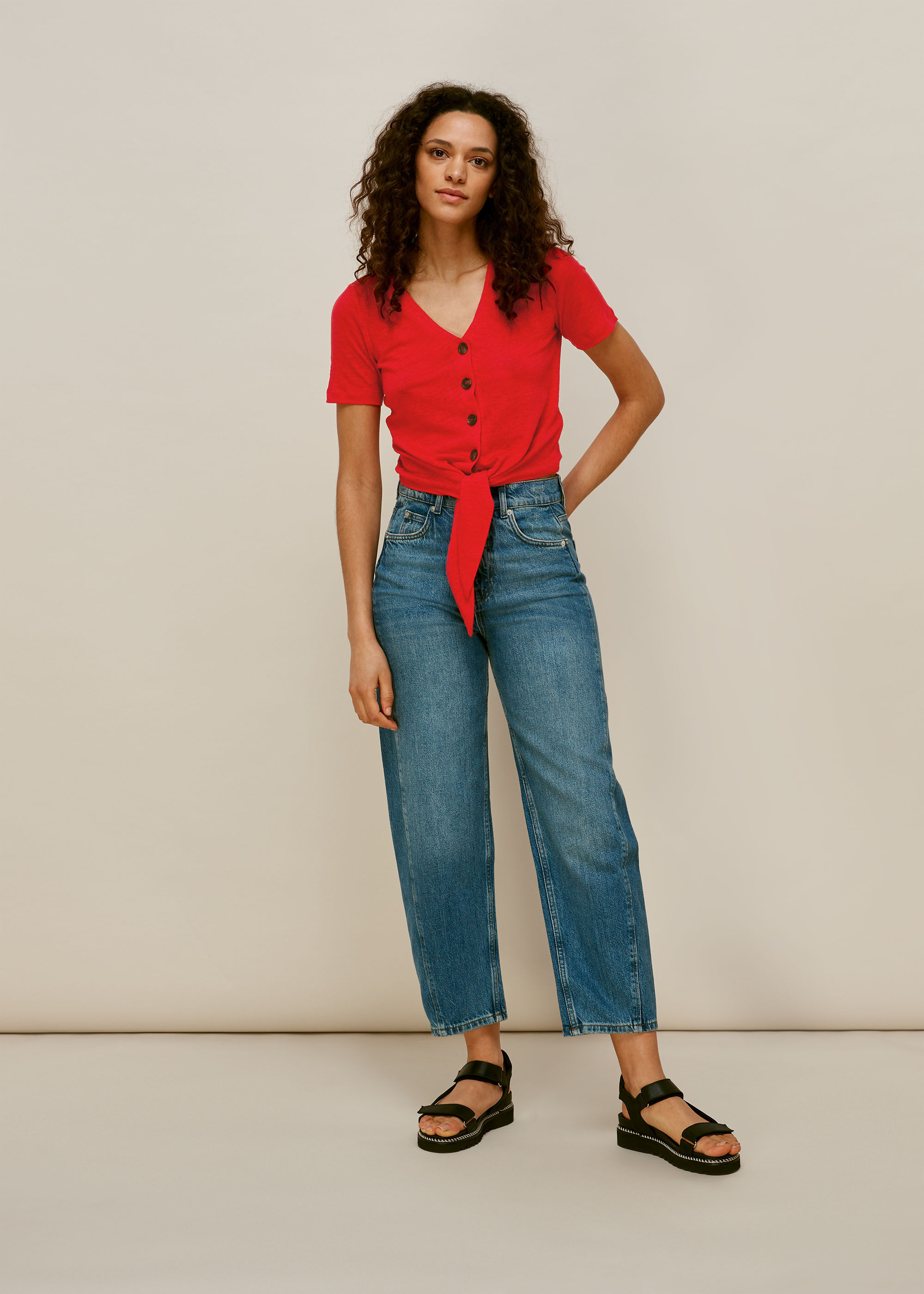 Red Linen Button Front Tie Top 