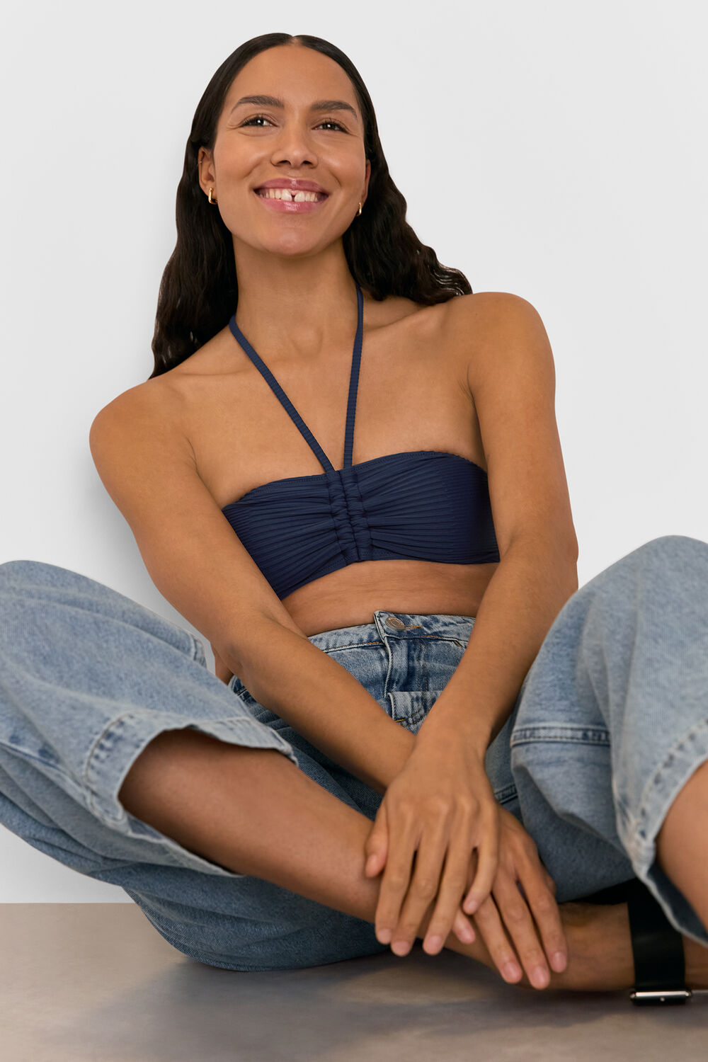 Navy Mixed Rib Halter Bikini Top