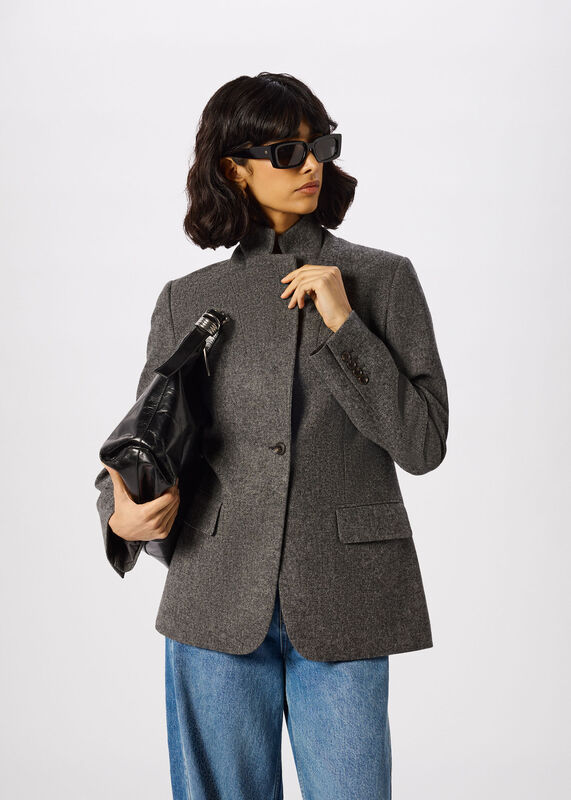 Grey Herringbone Wool Blend Blazer