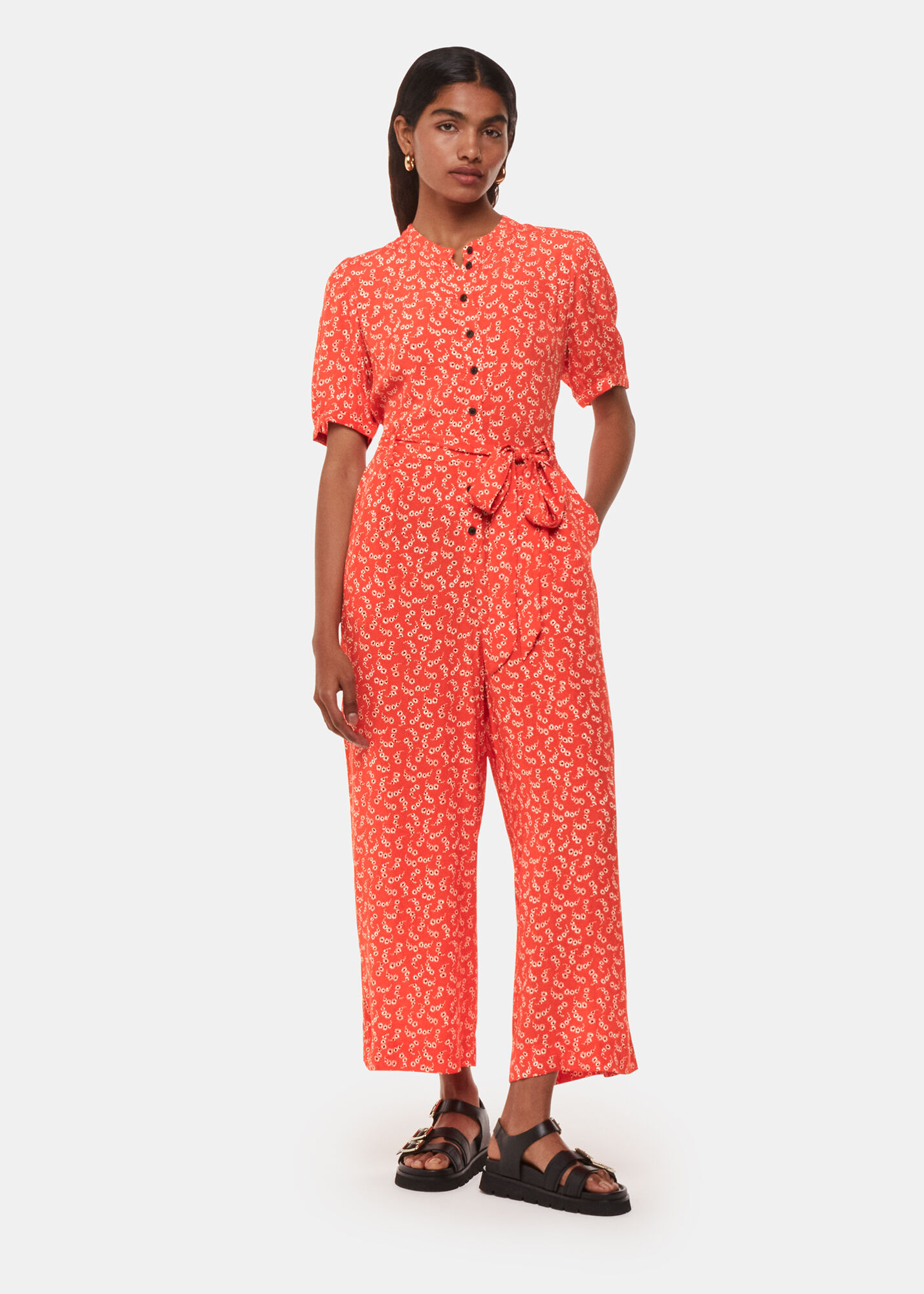 Red/Multi Micro Floral Jumpsuit | WHISTLES | Whistles US |