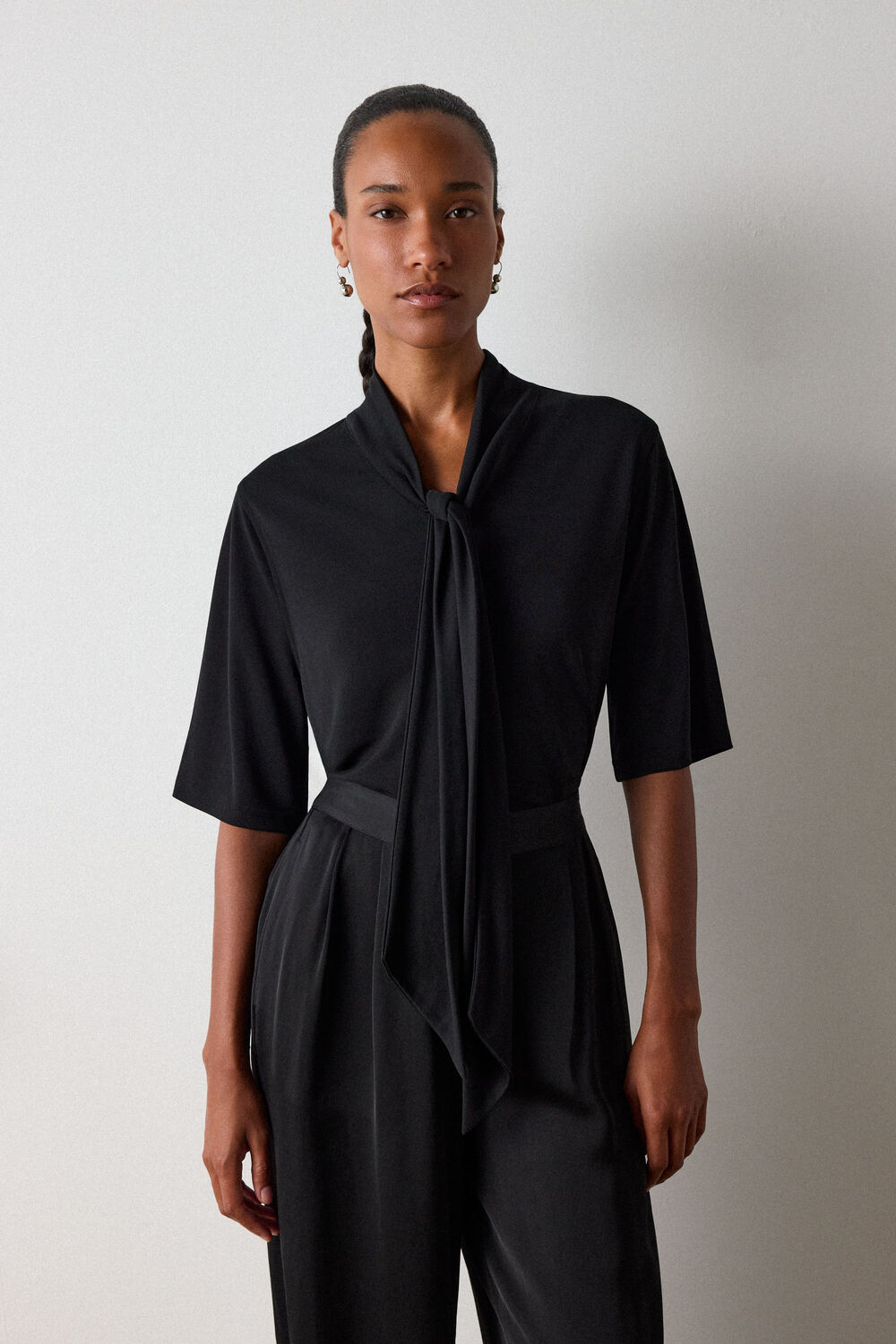 Black Short Sleeve Tie Neck Top