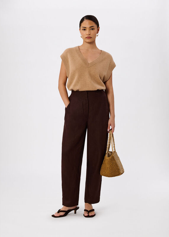 Brown Petite Linen Barrel Leg Trouser