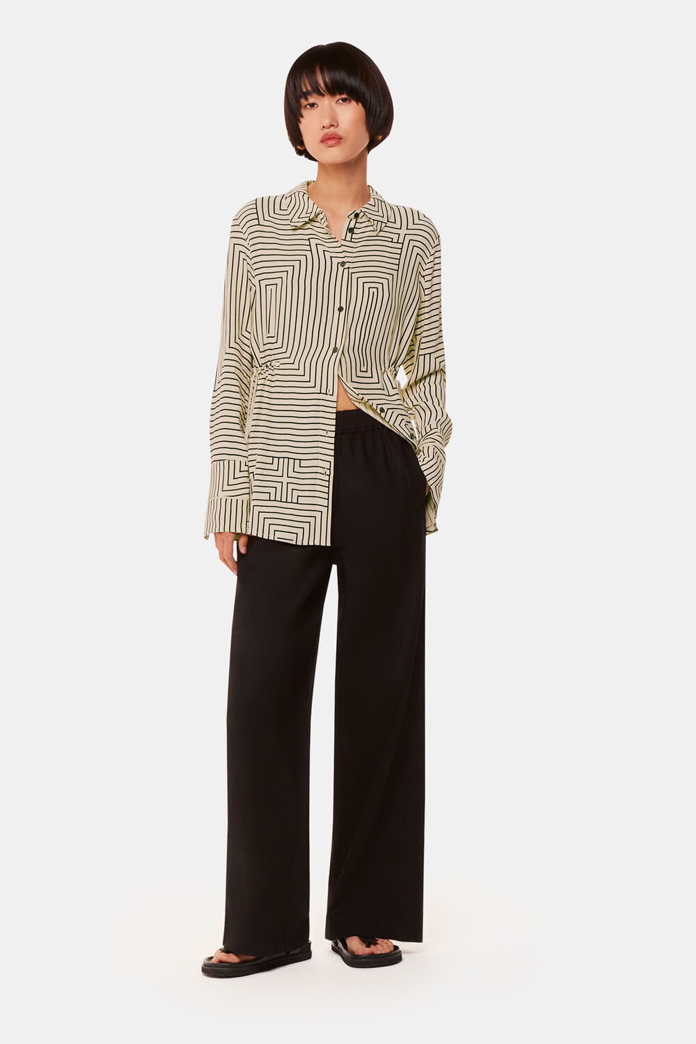 Ivory Angled Stripe Tie Detail Shirt