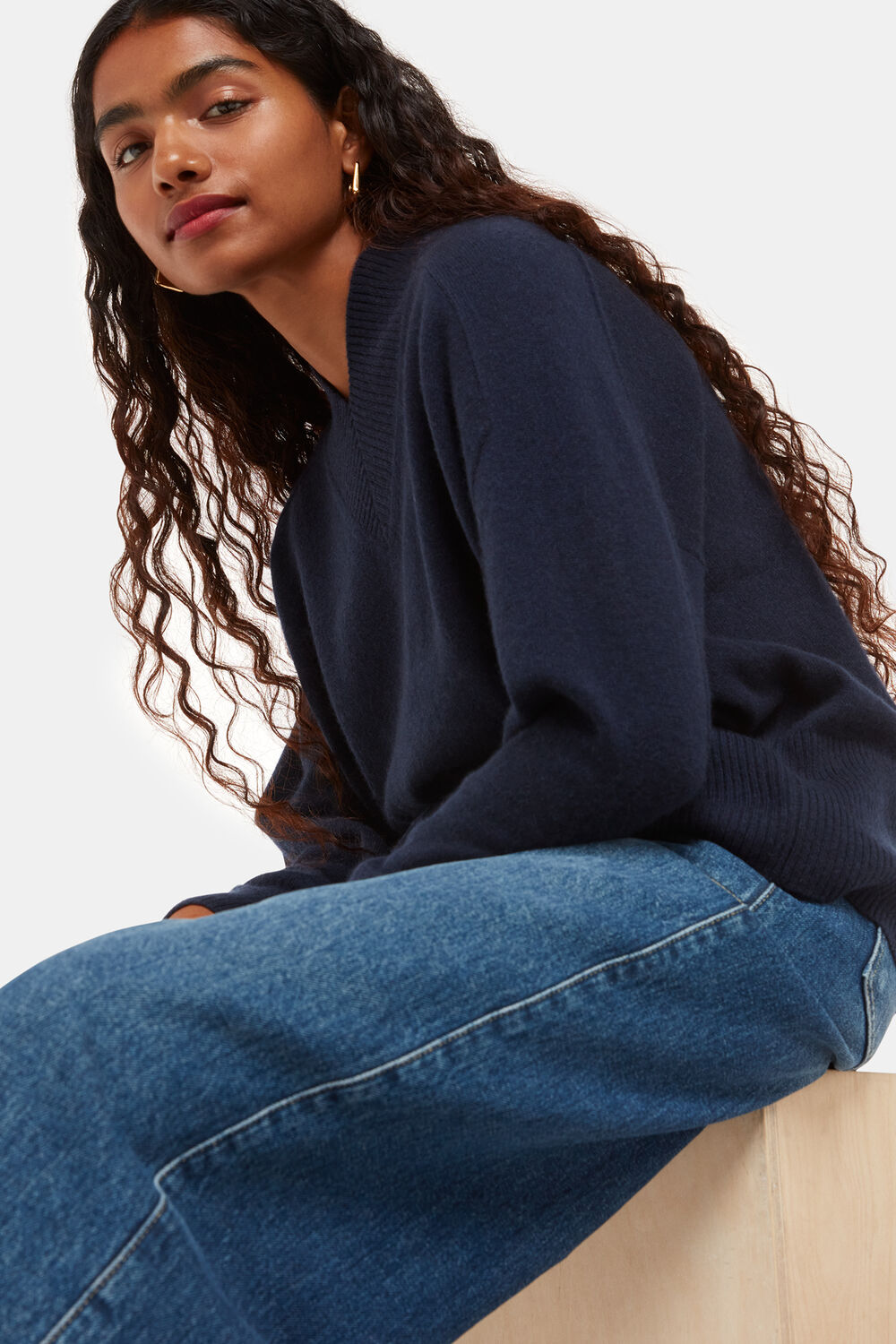 Navy Petite Cashmere V Neck Sweater