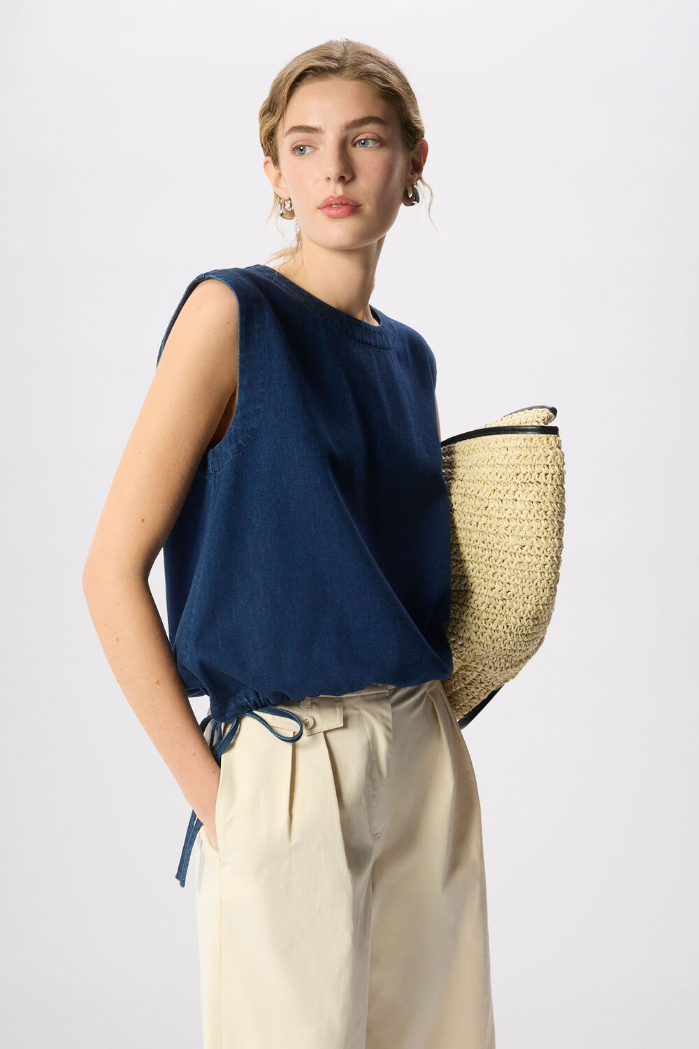 Dark Denim Drawstring Detail Cotton Top