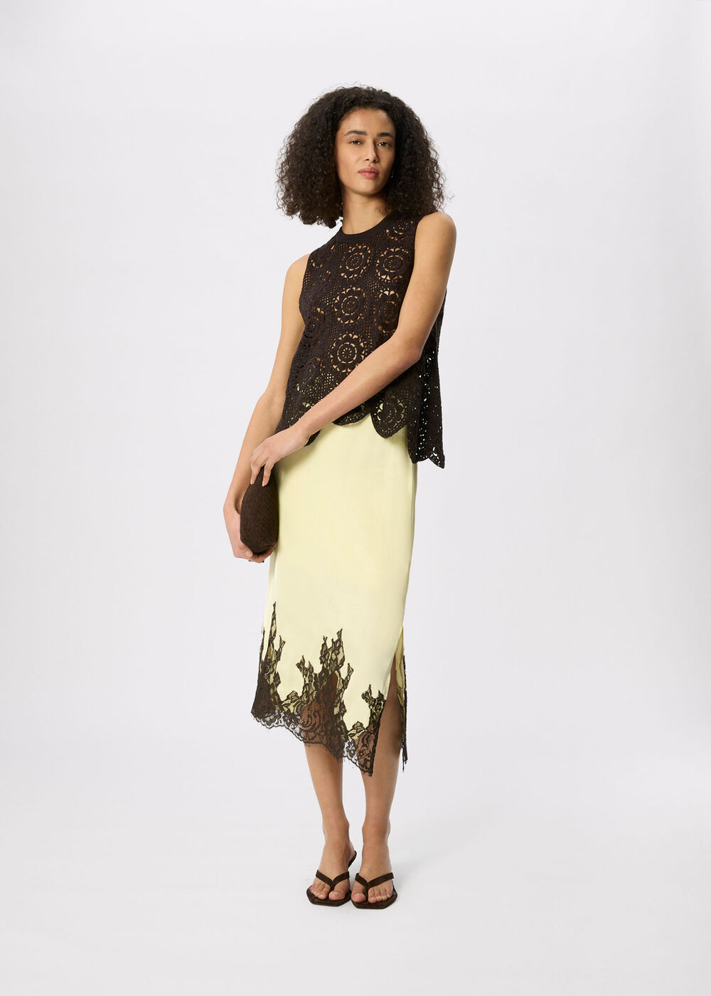 Lace Hem Satin Midi Skirt