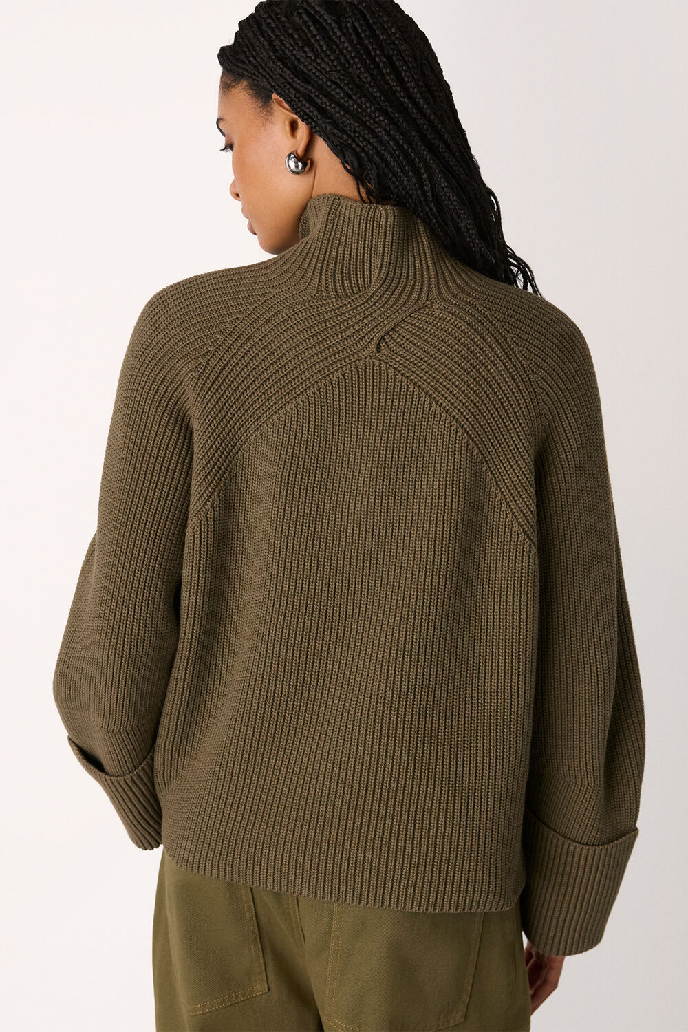 Khaki Rib Cable High Neck Jumper