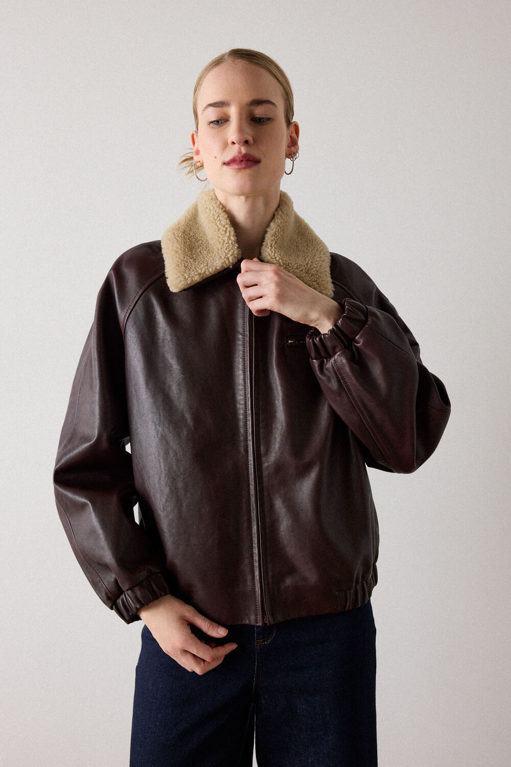 Burgundy Shearling Trim Leather Bomber