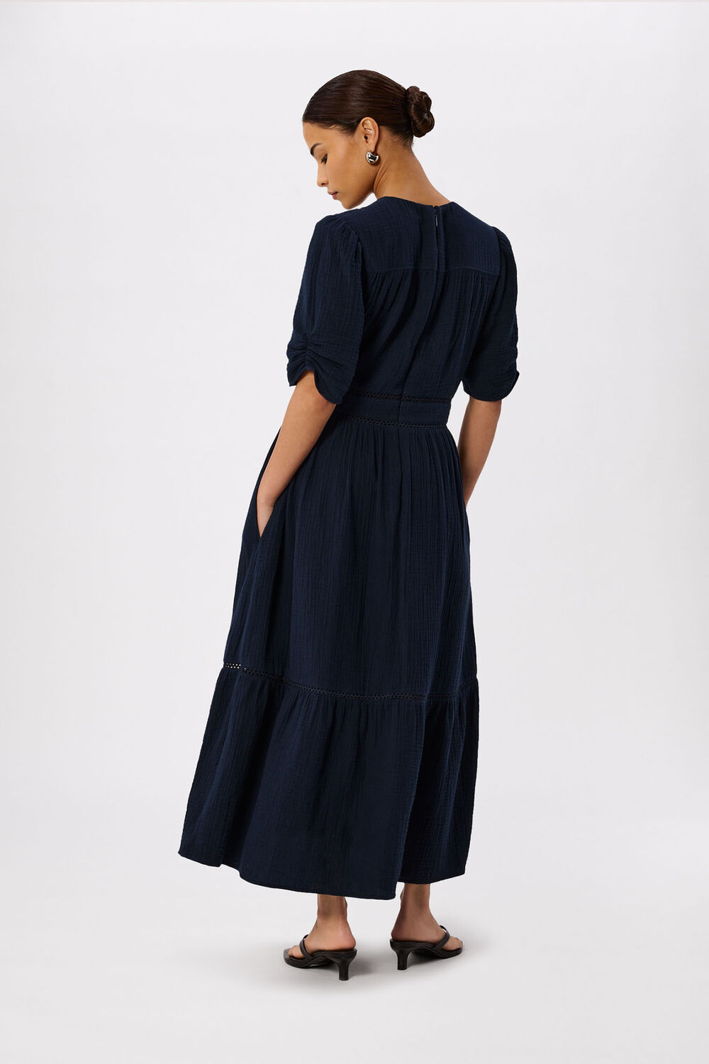 Navy Petite V Neck Textured Midi Dress