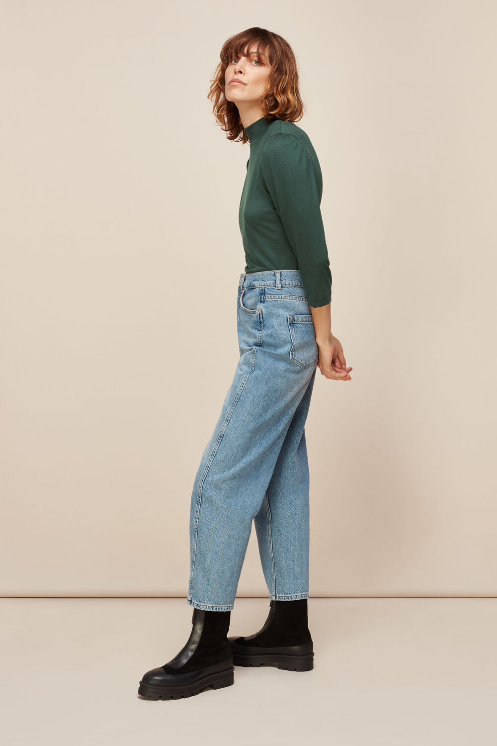 Dark Green High Neck Puff Sleeve Top