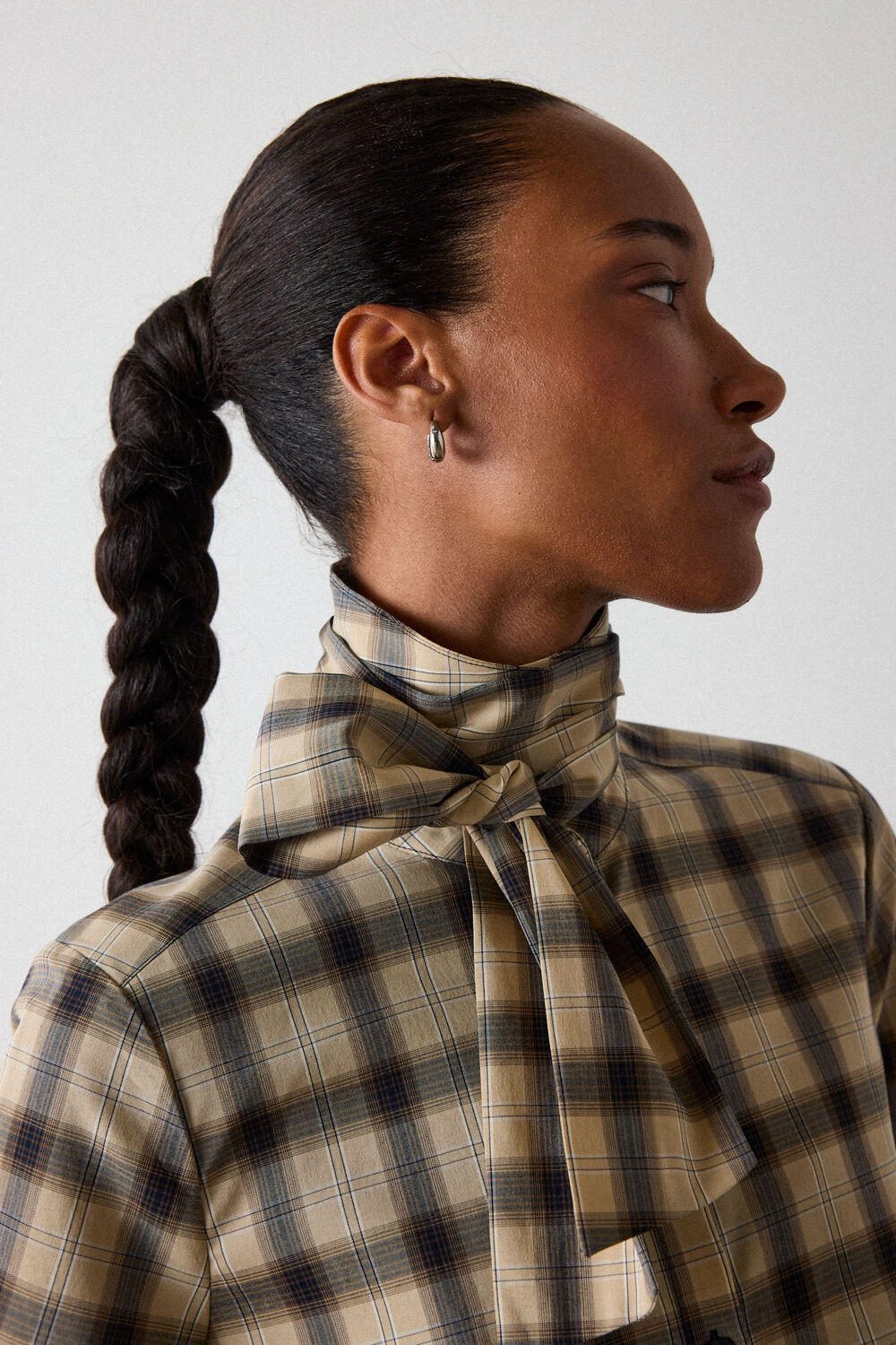 Brown Detachable Scarf Check Shirt