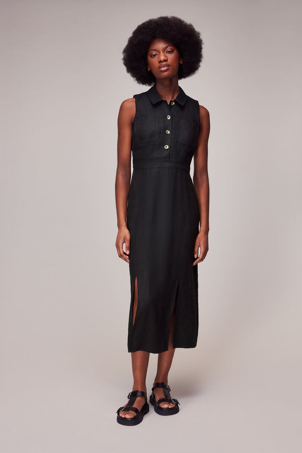 Black Molly Linen Midi Dress