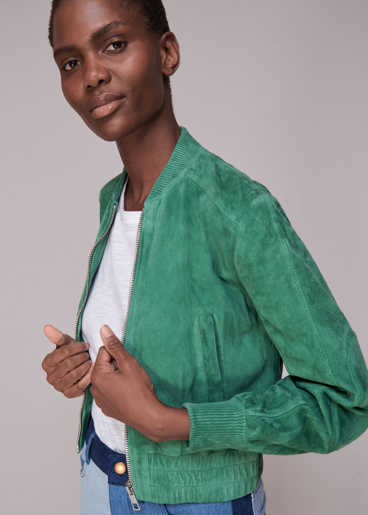 Green Cropped Suede Bomber Jacket WHISTLES