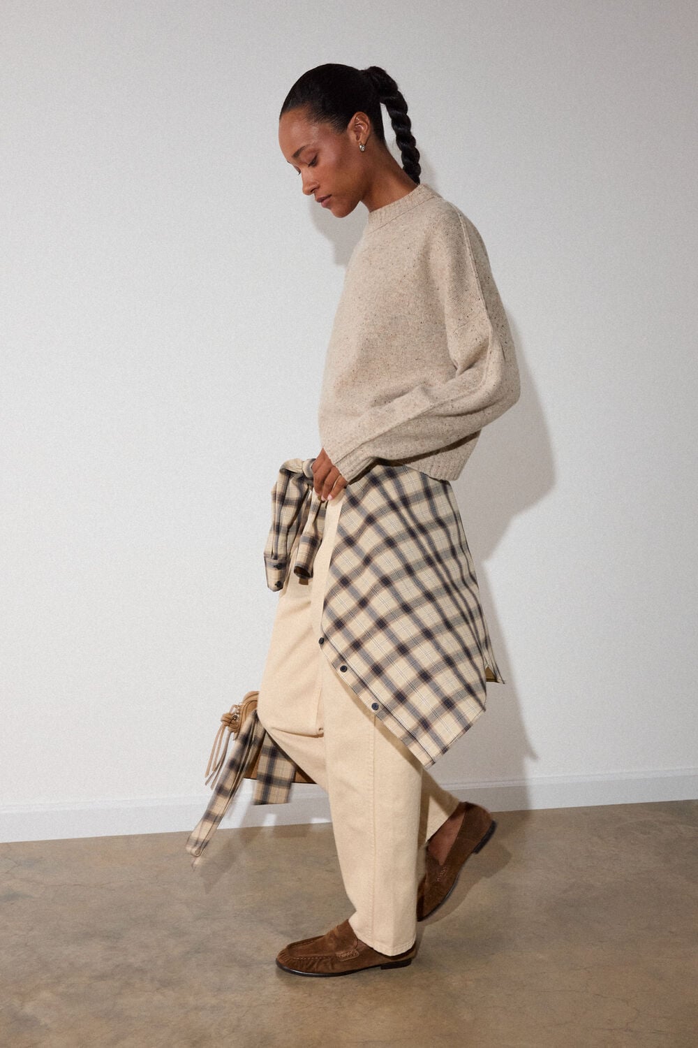 Neutral Wool Curved Hem Knit