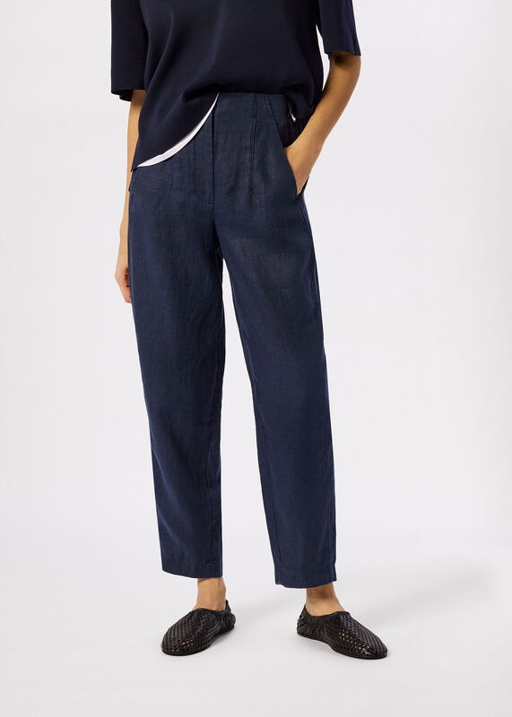 Navy Petite Linen Barrel Leg Trouser