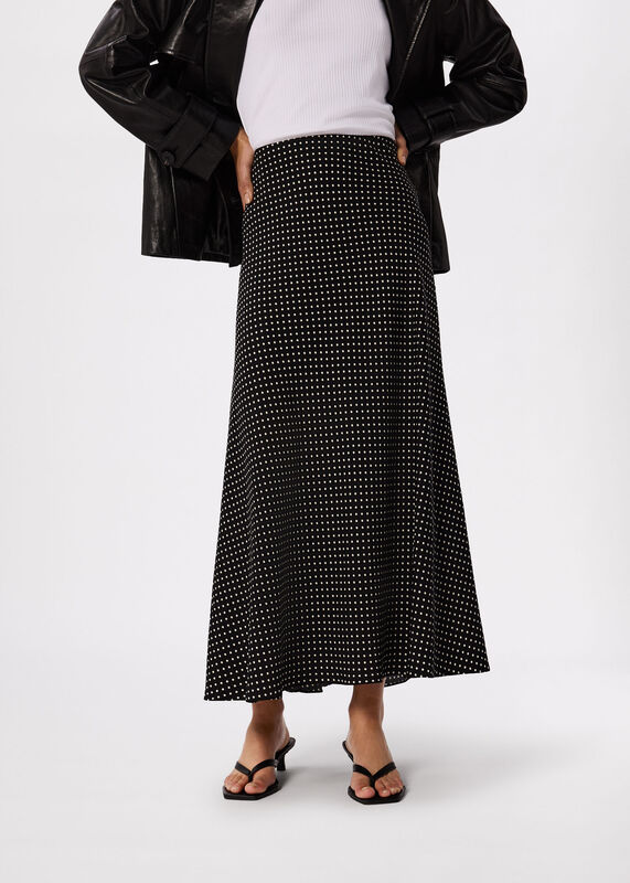 Black mini spot fit and flare midi skirt