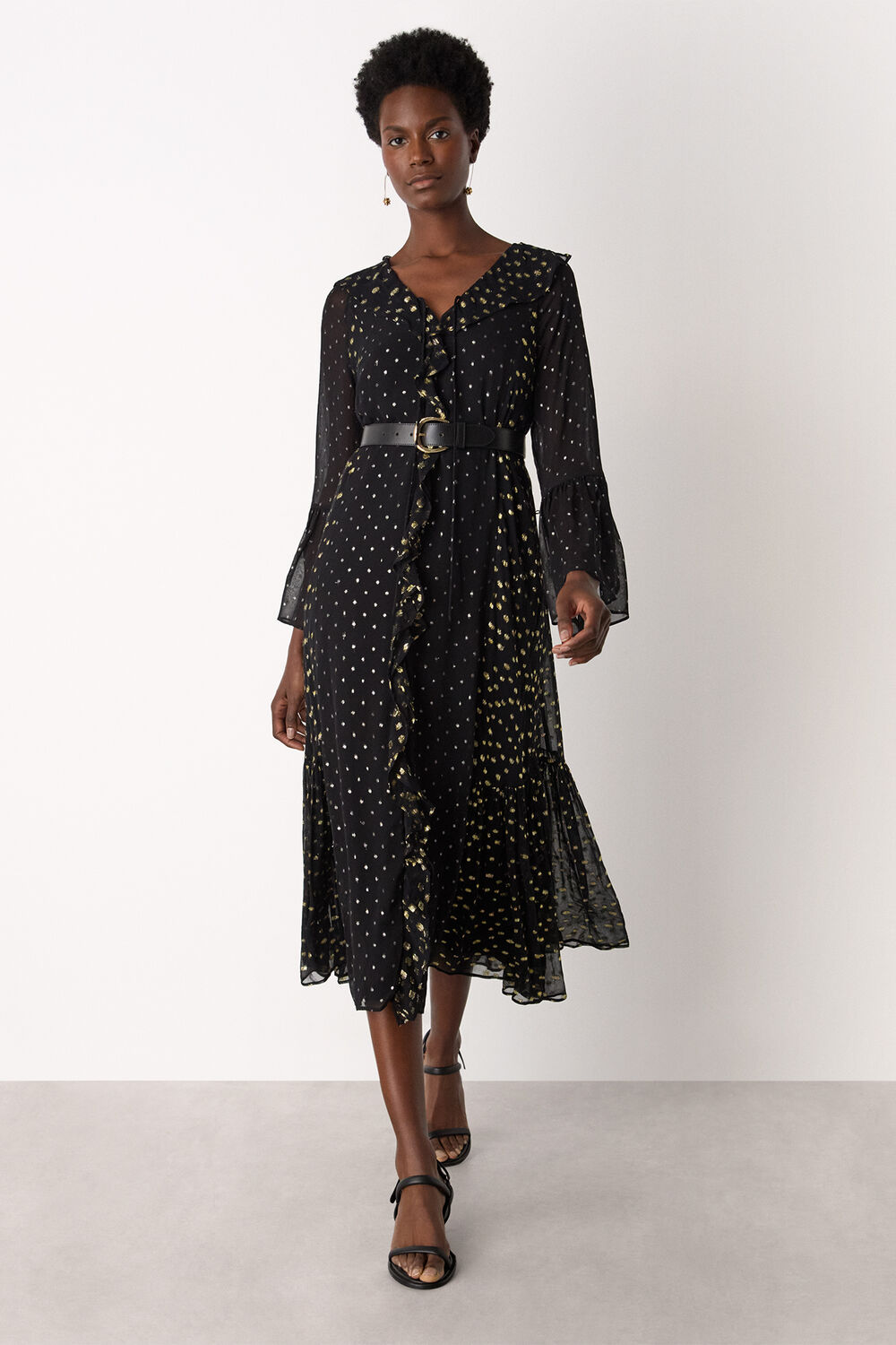 Black Metallic Dobby Ruffle Dress