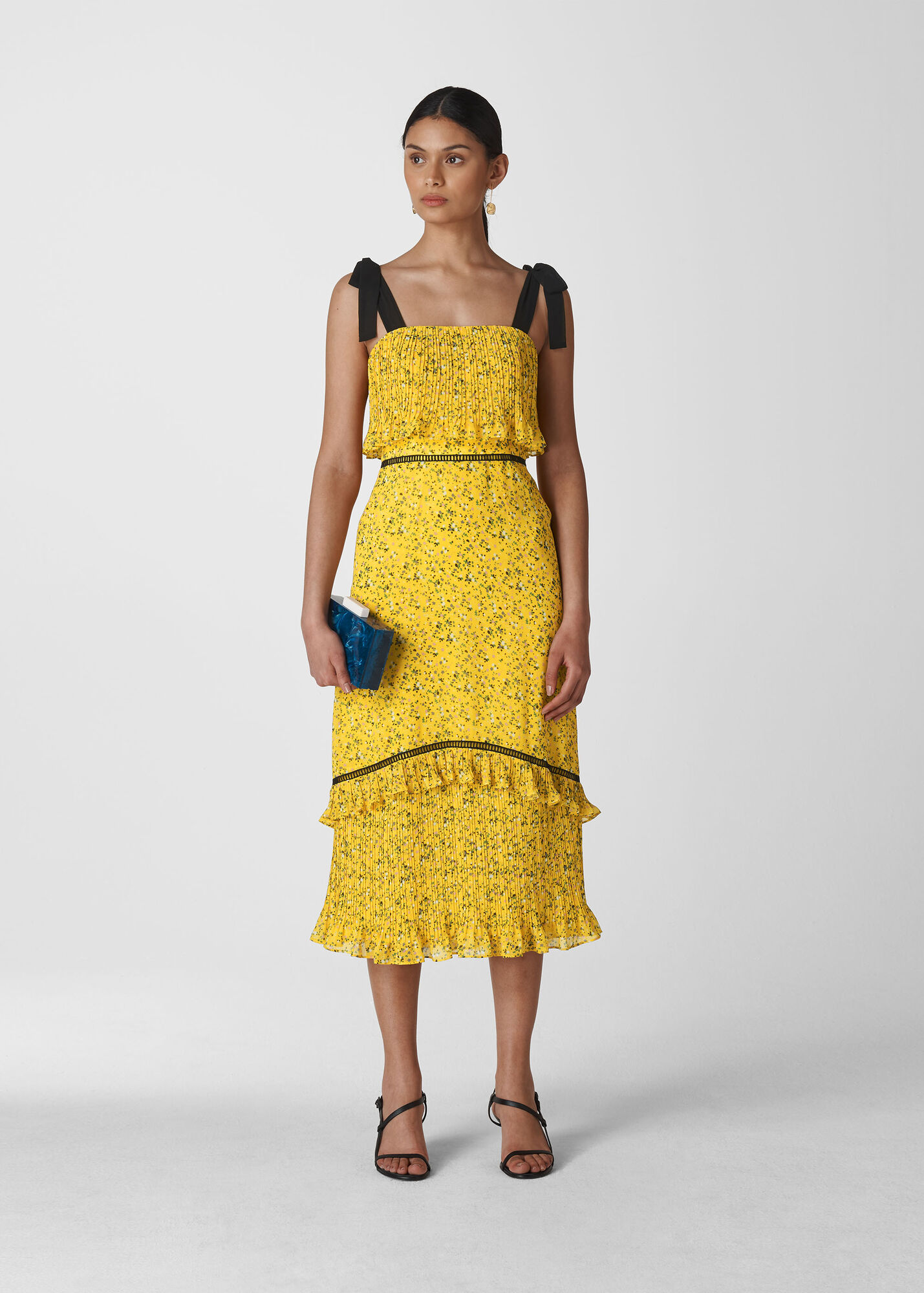 Yellow/Multi Ditsy Blossom Pleated Dress WHISTLES