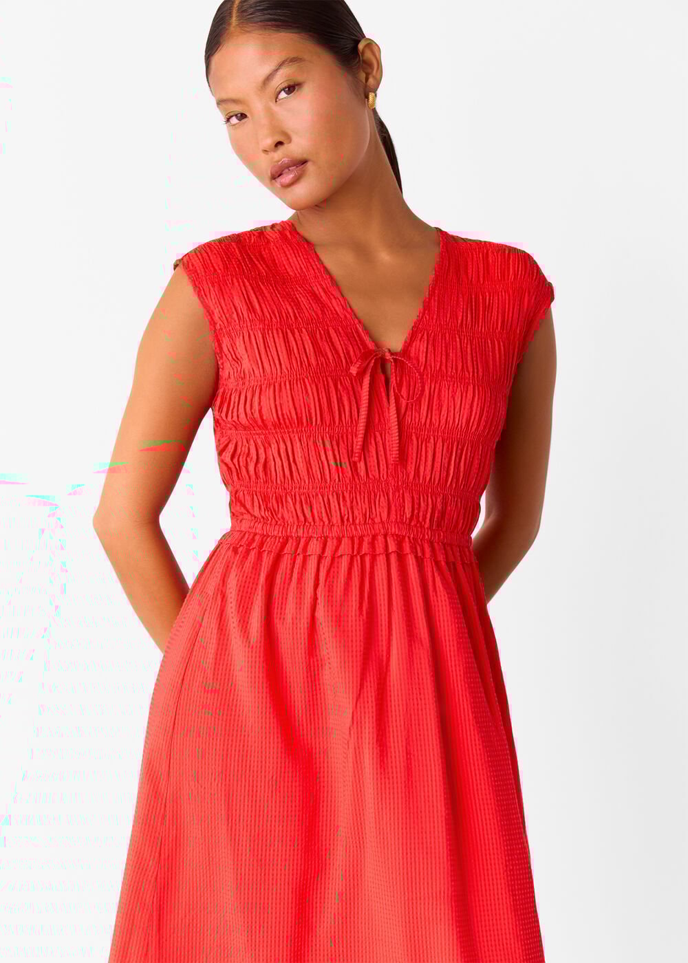 Petite Shirred Bodice V Neck Dress