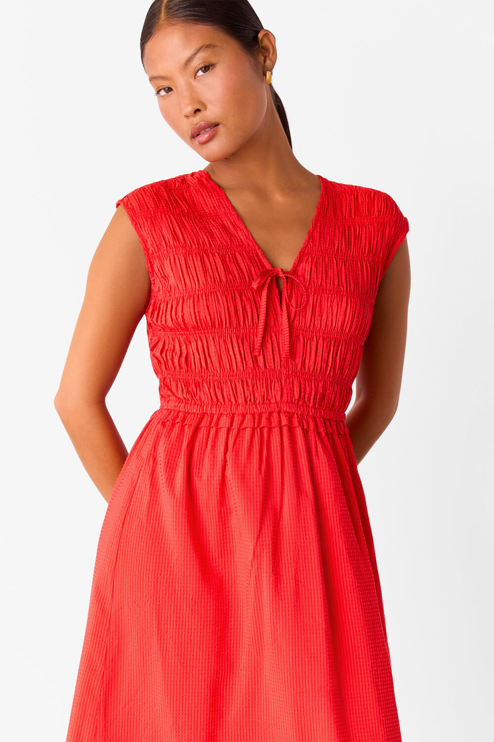 Petite Shirred Bodice V Neck Dress