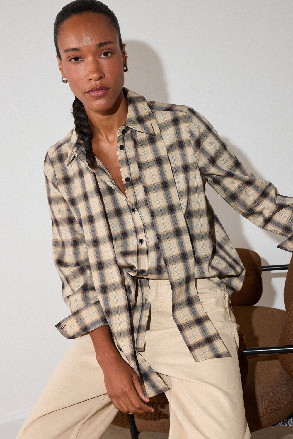 Brown Detachable Scarf Check Shirt