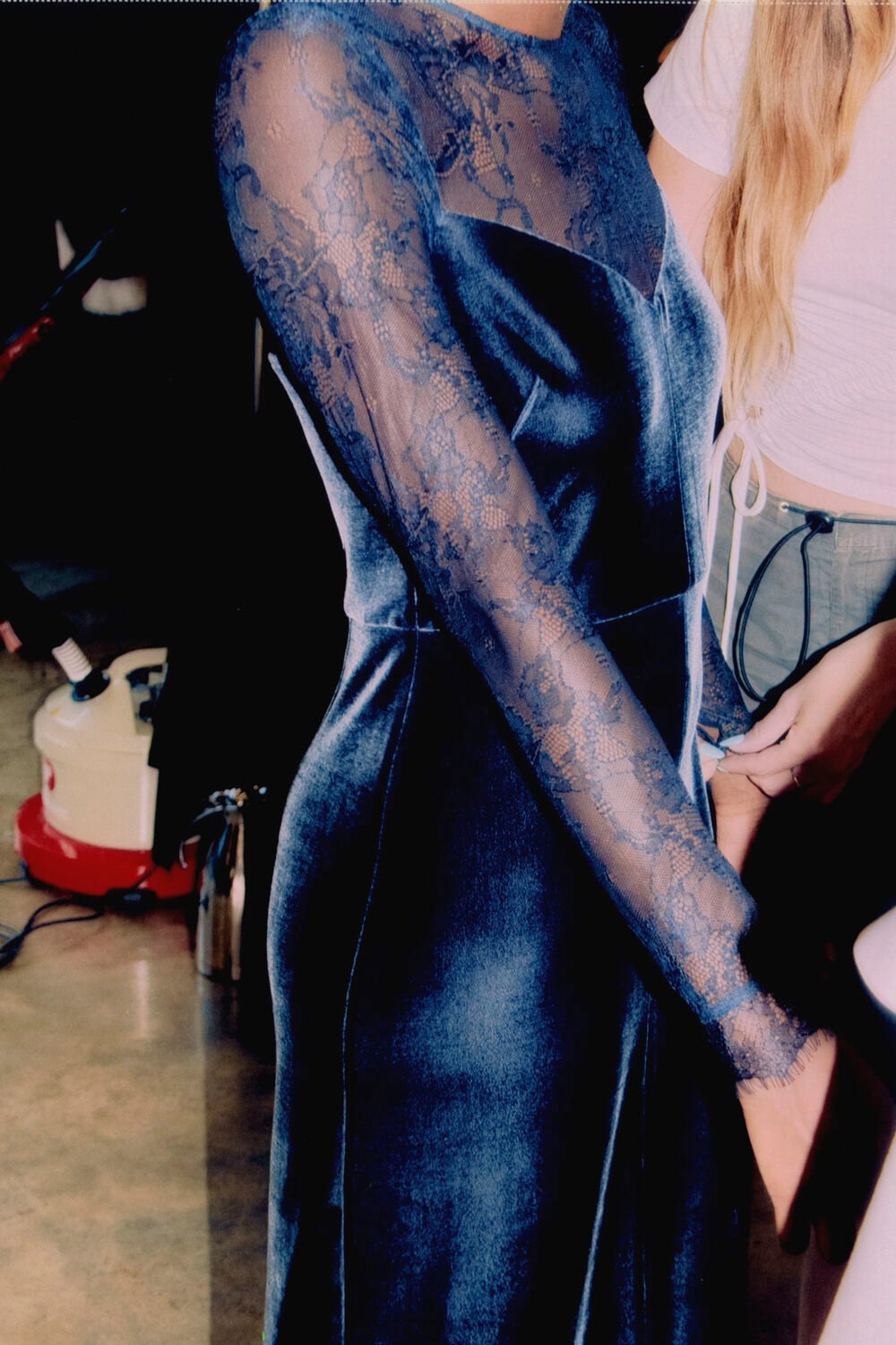 Navy Lace Sleeve Velvet Midi Dress
