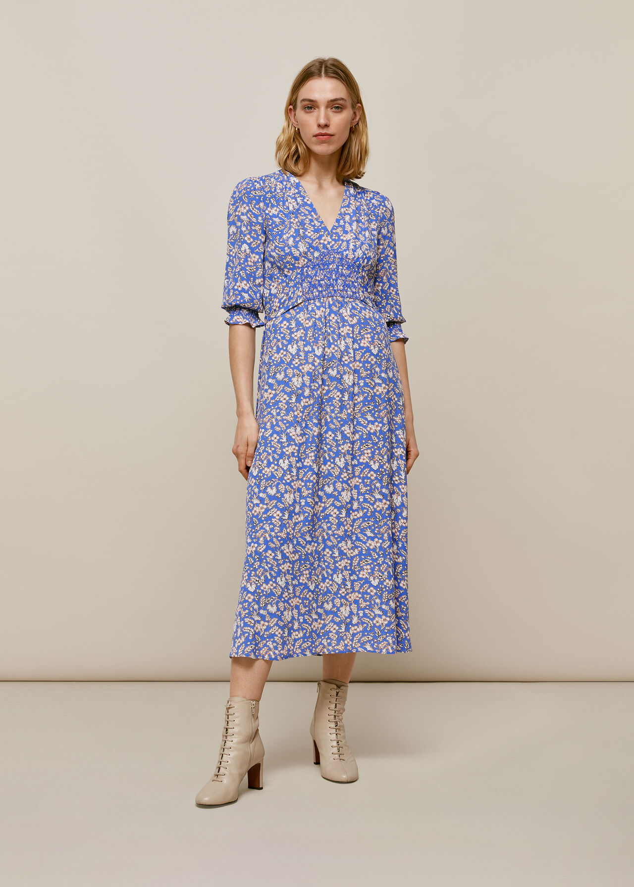 Blue/Multi Wheat Floral Shirred Dress | WHISTLES