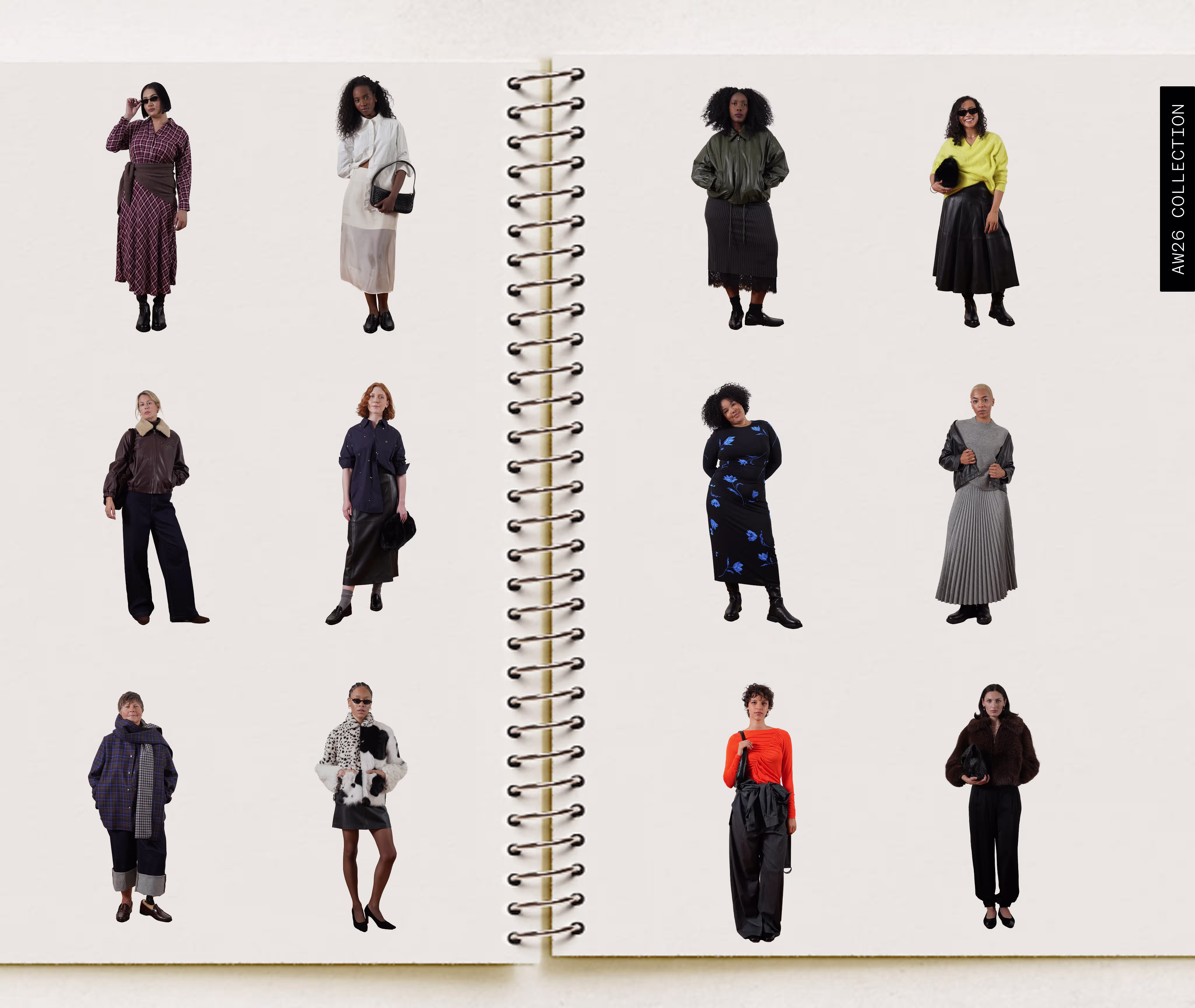 Open sketchbook spread with twelve AW26 casting looks cut out across both pages
